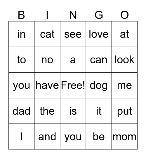 Beginning Sight Words Bingo Card