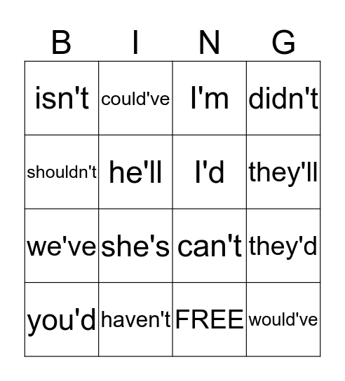 Contractions Bingo Card