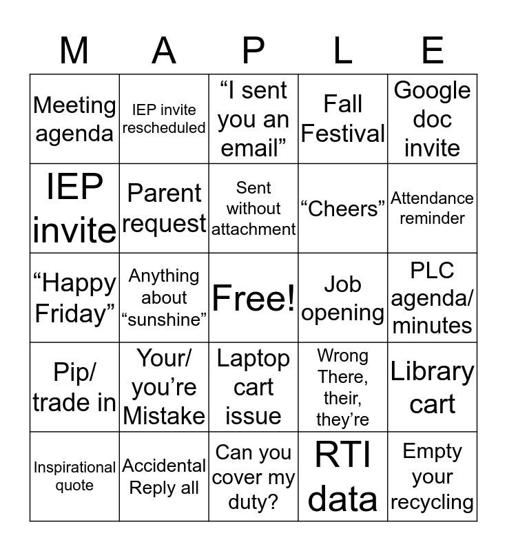 Maple Lane Zone Bingo Card