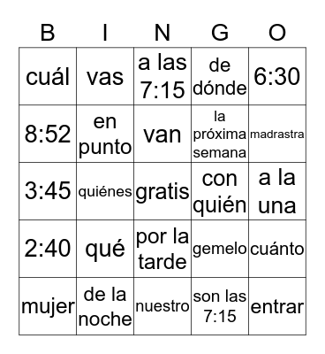 Spanish  -AR  Verbs Bingo Card