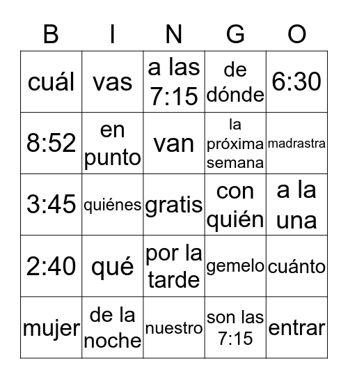 Spanish  -AR  Verbs Bingo Card