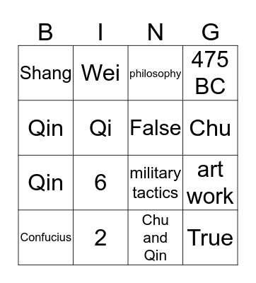 Warring States of China Bingo Card
