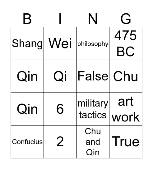 Warring States of China Bingo Card