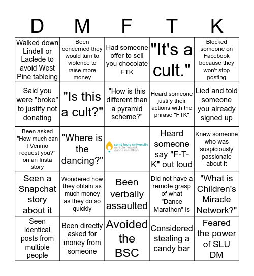 SLU Dance Marathon Bingo Card