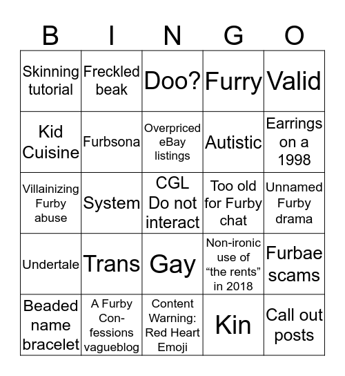 Furby Fandom  Bingo Card
