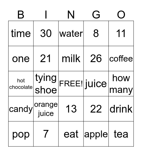 vocabulary  Bingo Card