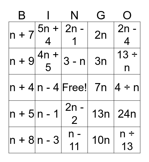 Algebraic expressions Bingo Card