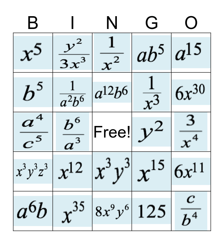 Laws of Exponents Bingo Card