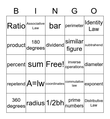 Math Terms Bingo Card
