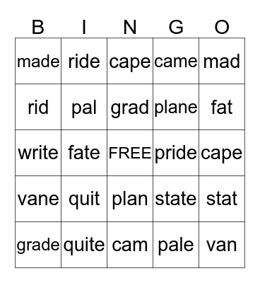 Long Vowel / Short Vowel Bingo Card