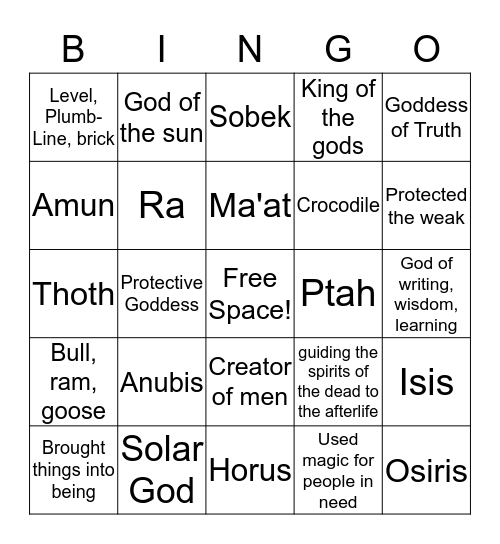 Egyptian Gods Bingo Card