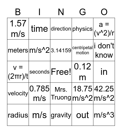 Centripetal Physics Bingo Card
