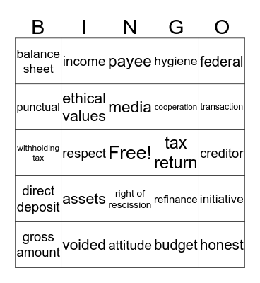 Financial Literacy/Work Ethics Bingo Card