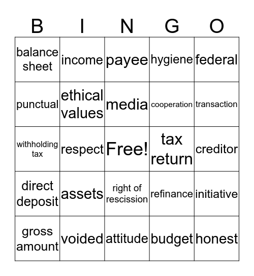 Financial Literacy/Work Ethics Bingo Card