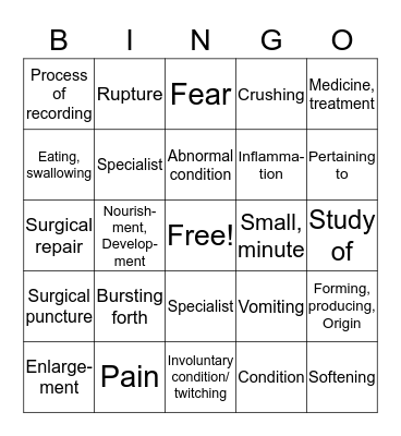 Medical Terminolgy Bingo Card