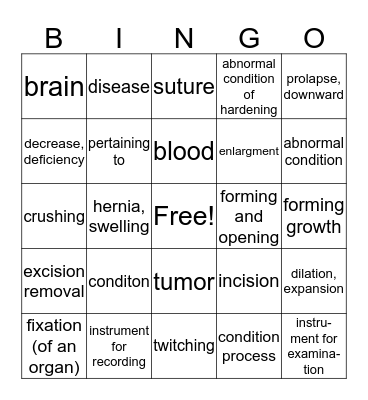 Medical Terminology  Bingo Card