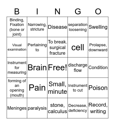 Medical Terminology  Bingo Card