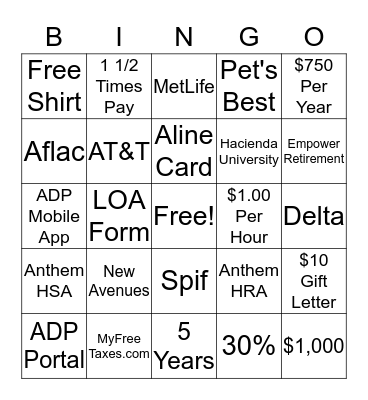 Hacienda's Benefits Bingo Game Bingo Card