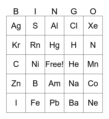 Untitled Periodic Table of Elements Bingo Card
