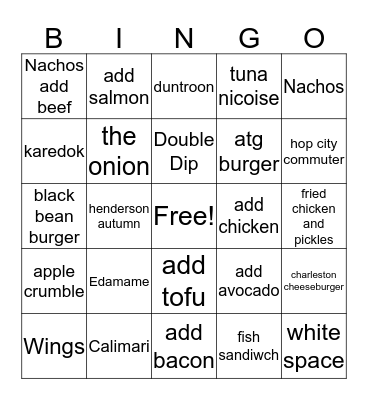 New Menu Bingo Card
