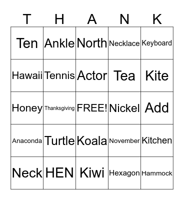 THANKSGIVING BINGO Card
