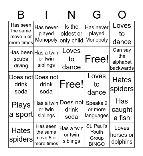 St. Paul's Youth Group Bingo Card