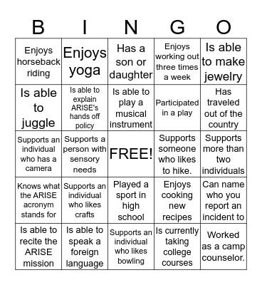 ARISE Direct Support Staff Bingo Card