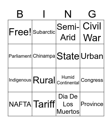 North America Vocabulary Bingo Card