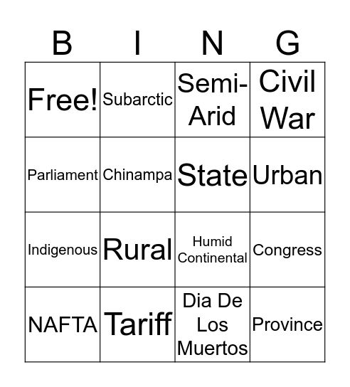 North America Vocabulary Bingo Card
