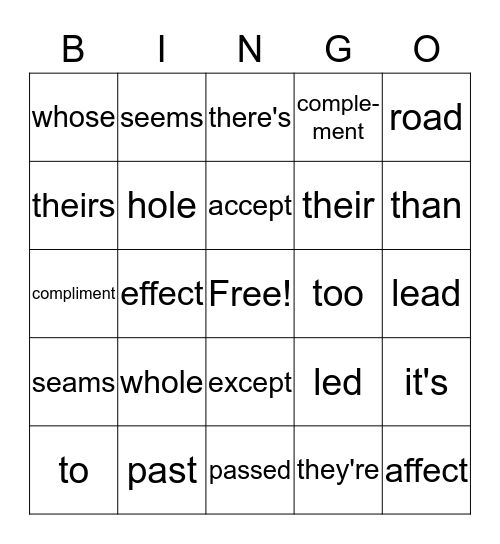 Homophone Bingo Card