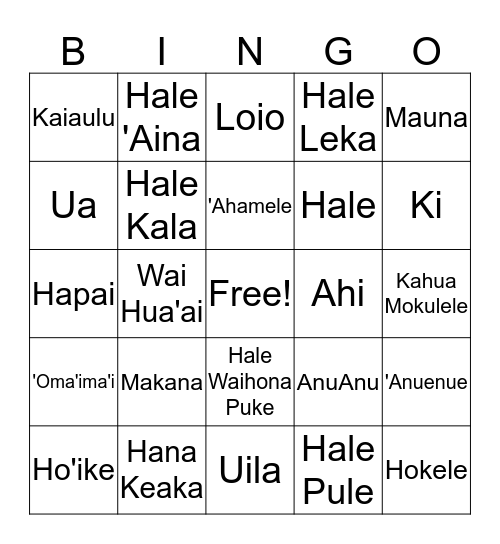 Hawaiian 2 Vocab 19-22 Bingo Card