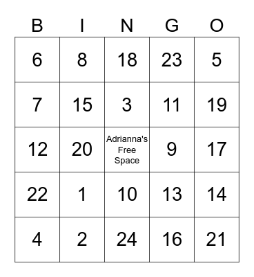 Adrianna's Birthday Bingo Card