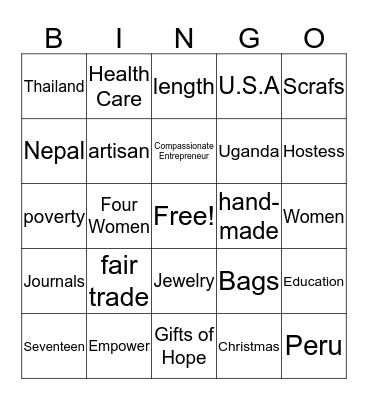 Trades of Hope Bingo Card