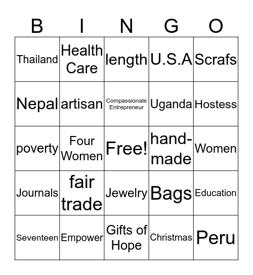 Trades of Hope Bingo Card