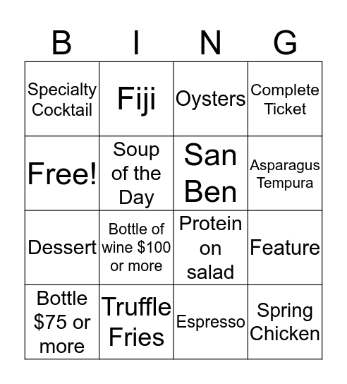 Sales Contest 11/8 Bingo Card