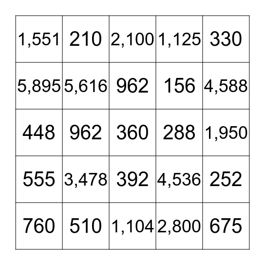 TWO-DIGIT BY TWO-DIGIT Bingo Card