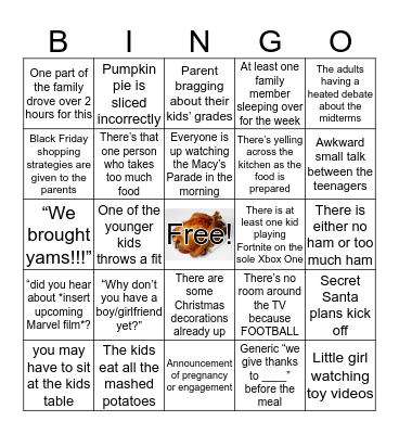 Thanksgiving 2018 Bingo Card