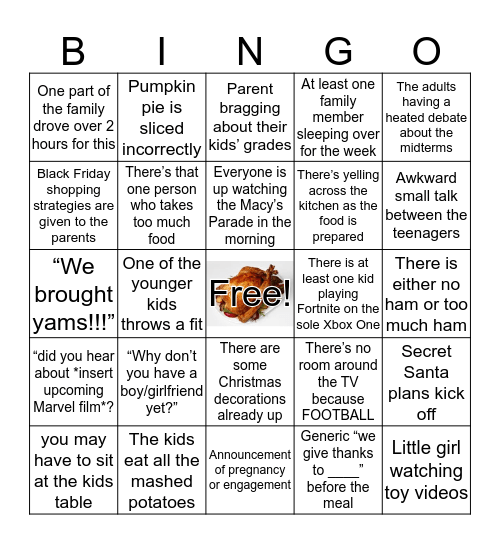 Thanksgiving 2018 Bingo Card