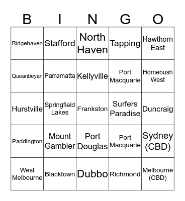 SUBURB BINGO Card