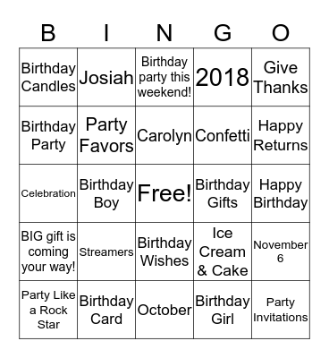 Josiah & Carolyn Birthday Brunch  Bingo Card