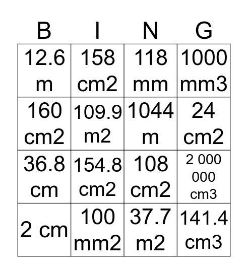 8S Measurement Bingo Card