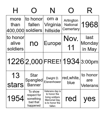 Veteran's Day Bingo Card