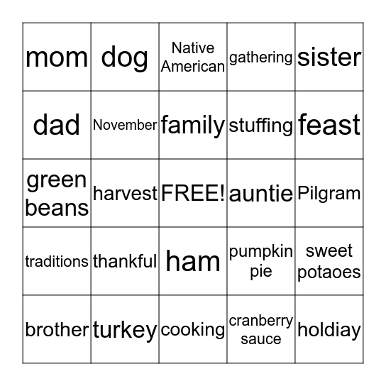 Thanksgiving  Bingo Card