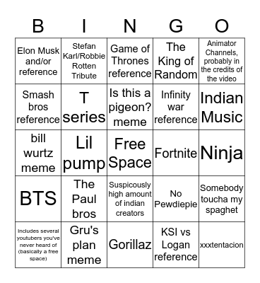 Youtube Rewind 2018 Bingo Card