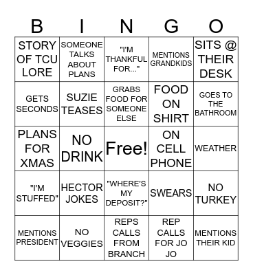 TCU THANKSGIVING 2018 Bingo Card