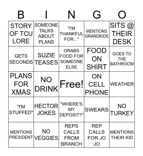 TCU THANKSGIVING 2018 Bingo Card