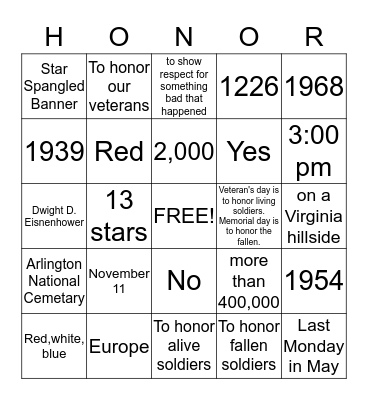 Veterans Day Bingo Card