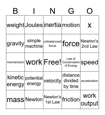 Force and Motion Bingo Card