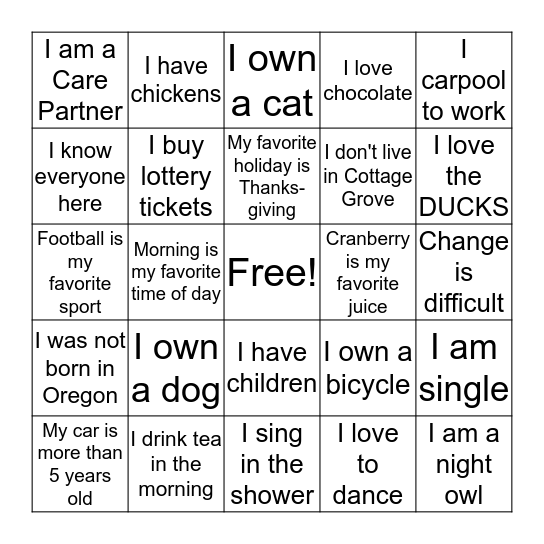 All Staff Bingo Card