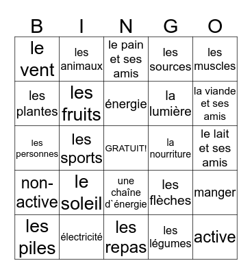 Énergie dans nos vies Bingo Card